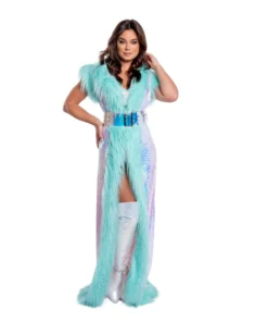 J-Valentine, Inc OUTERWEAR CH308 - Fur Trimmed Holographic Sequin Mesh Duster