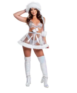 J-Valentine, Inc TOPS CH378 - Holographic Vinyl Triangle Top With Fur Pom-Poms